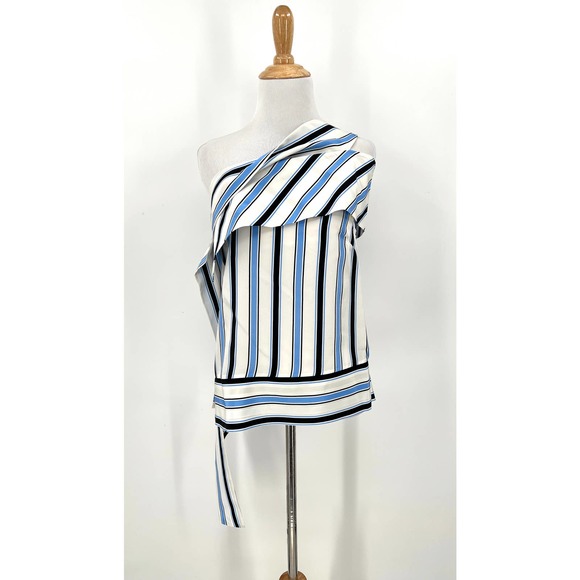MSGM Shirt Womens 38 XS White Black Striped Silk One Shoulder Asymmetric Top - Picture 2 of 14